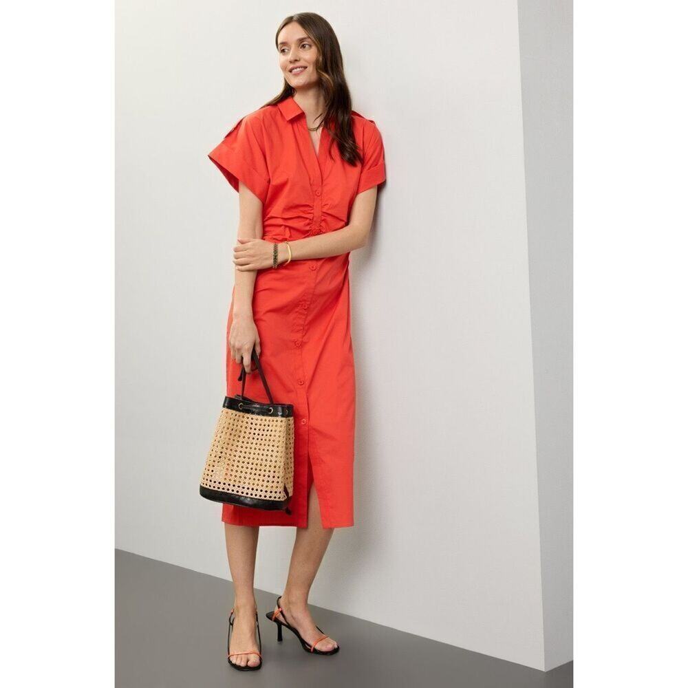 Saunders x RTR Red Ruched Shirt Dress